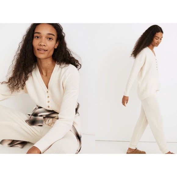 Madewell Womens Button Front Waffle Knit Henley‎ Top Cream Small Long Sleeve - Picture 3 of 8